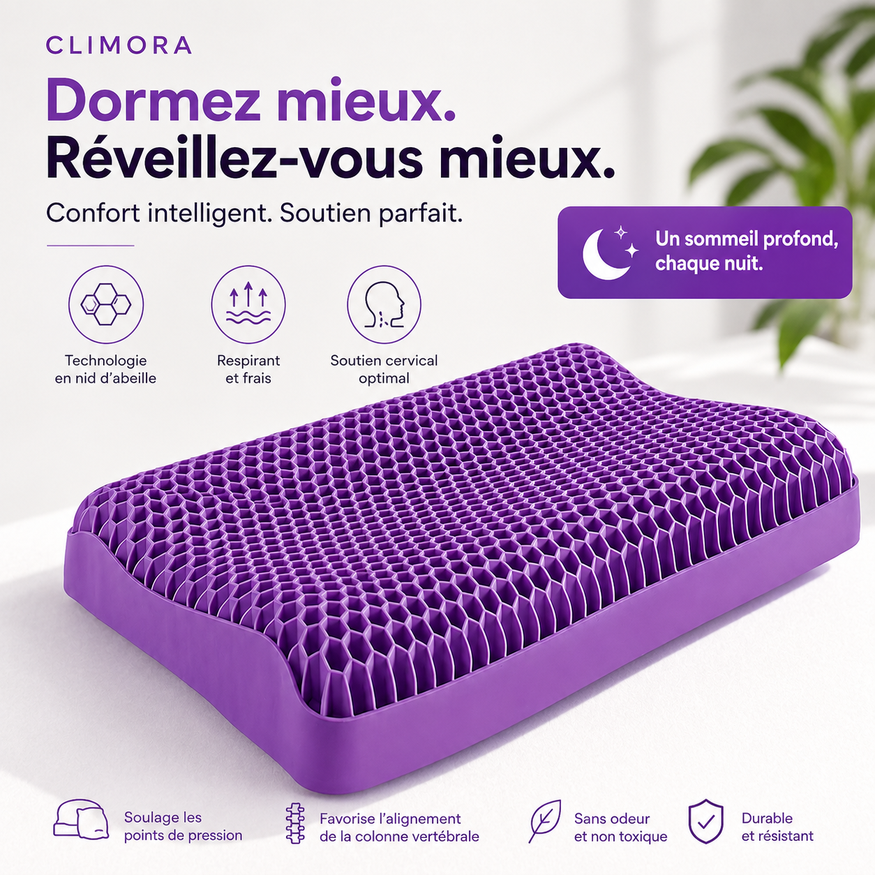 Climora™ Ergo — L'oreiller ergonomique pour des nuits plus fraîches.