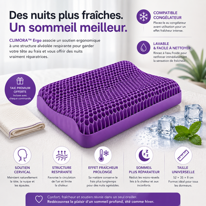 Climora™ Ergo — L'oreiller ergonomique pour des nuits plus fraîches.